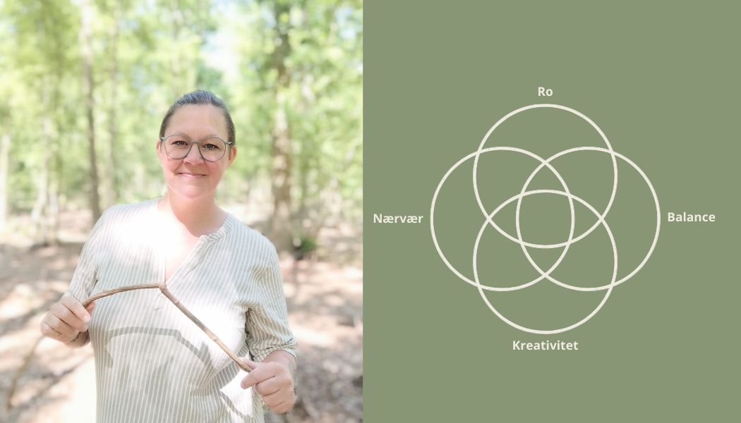 Naturterapeut Katrine smilende i skoven. Ekspert i naturterapi, ro, nærvær og balance.