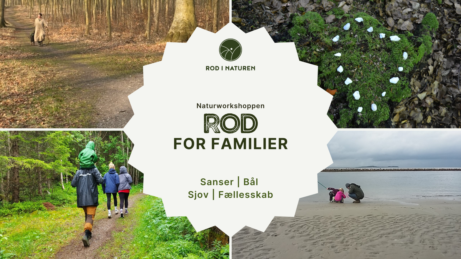 Kollage af familier og børn, der deltager i naturbaserede workshops med sanser, bål og fællesskab.